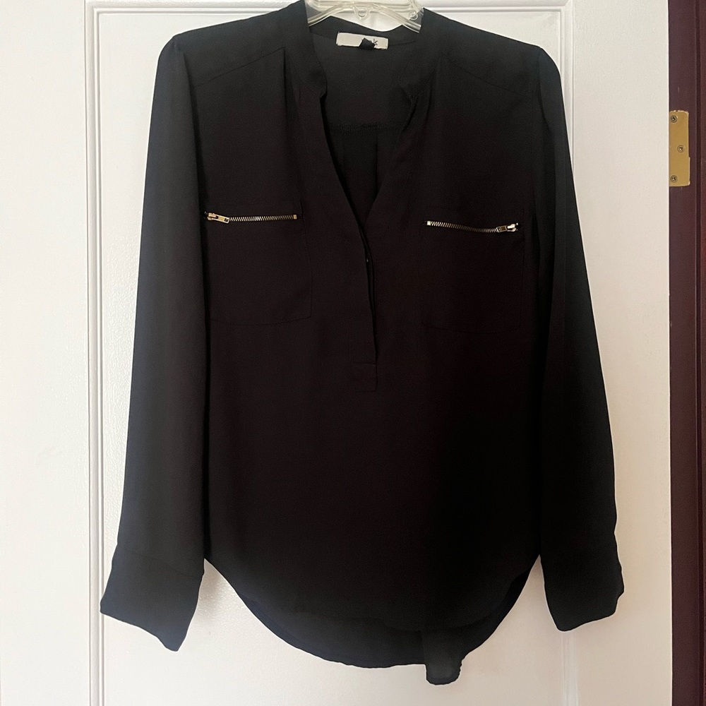 Black Long Sleeve Blouse with Silver Zipper Details